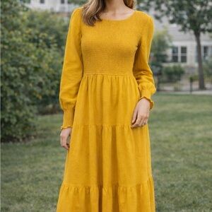 Mustard Yellow Smocked Boho Maxi Dress Long Sleeve Tiered Cottagecore